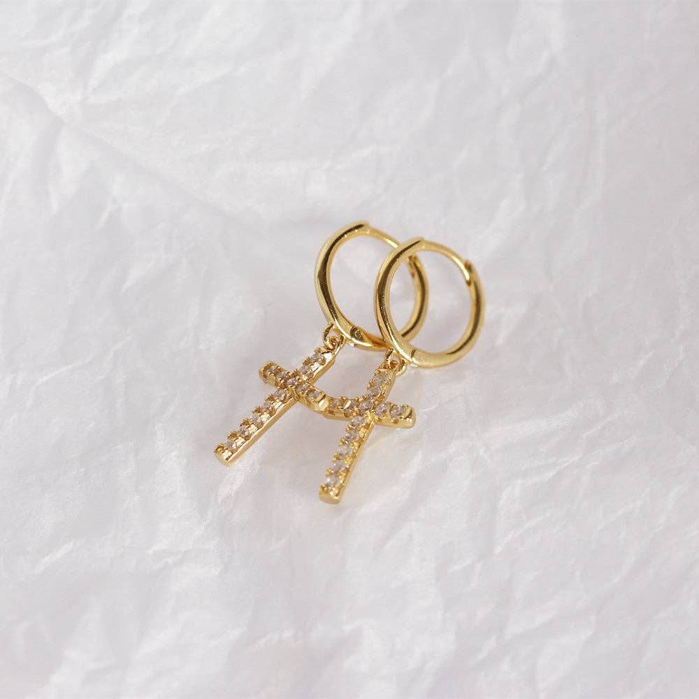 Cross Dangle Hoop- Gold