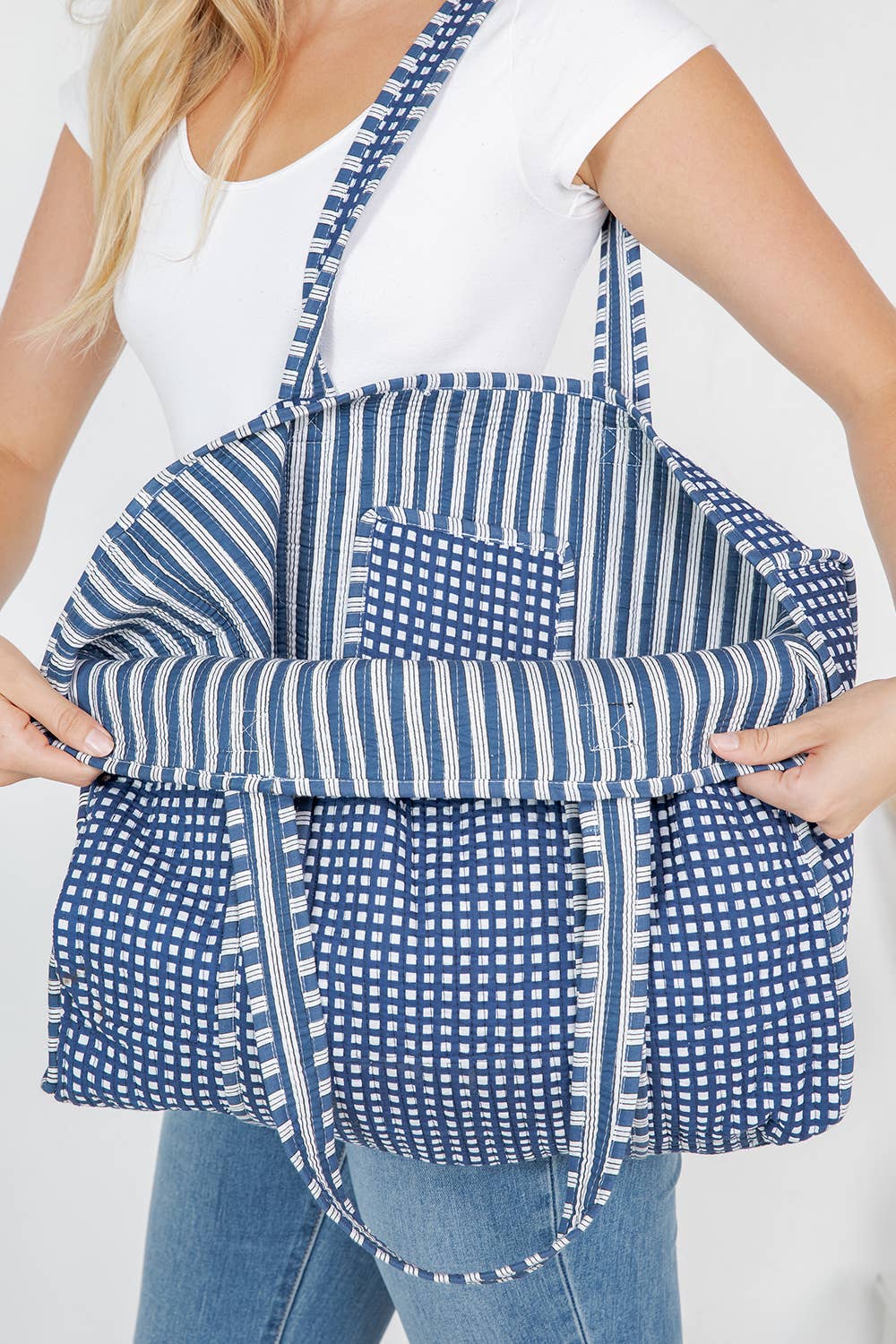 Blue Striped Quilted Tote