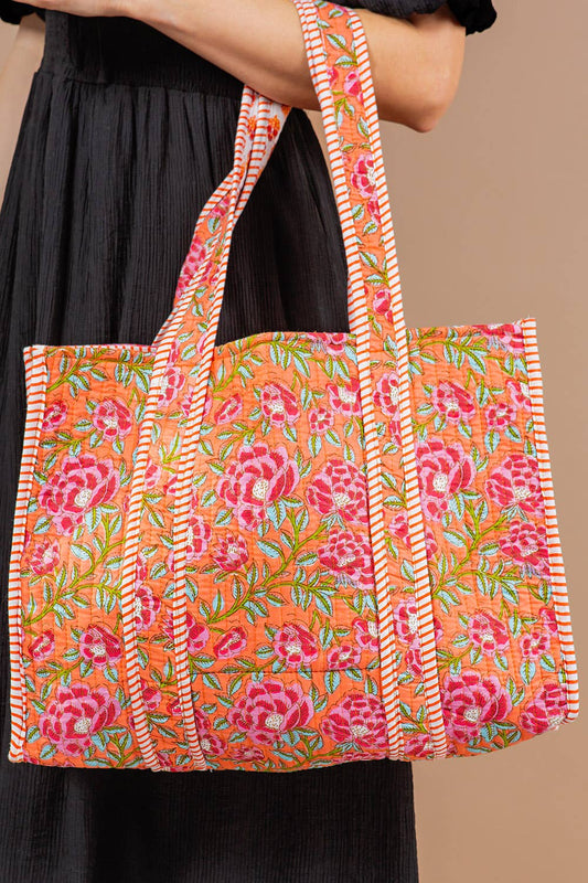 Orange & Pink Floral Quilted Tote