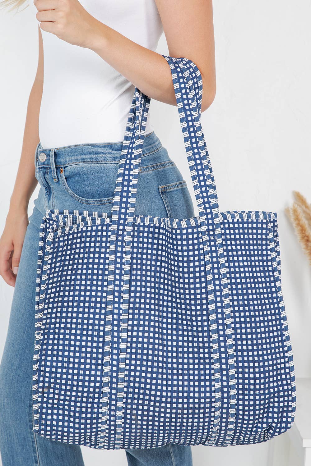 Blue Striped Quilted Tote