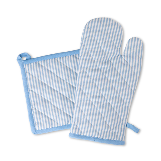 Blue Stripes Oven Mitt and Potholder Set