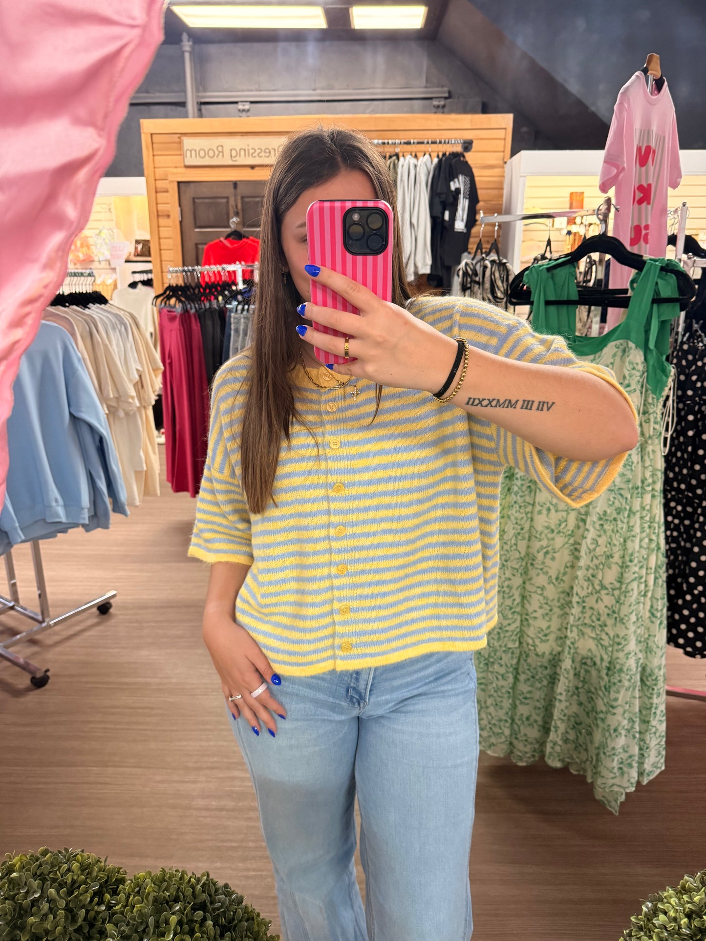 Striped Short Sleeve Cardigan