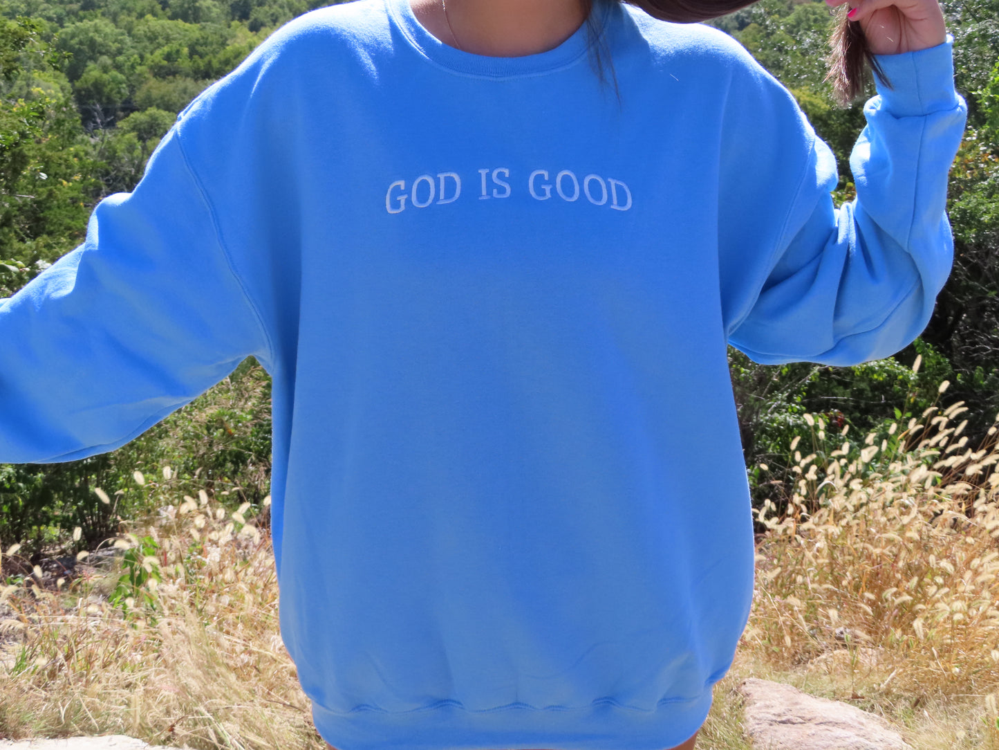 God is good embroidered crewneck