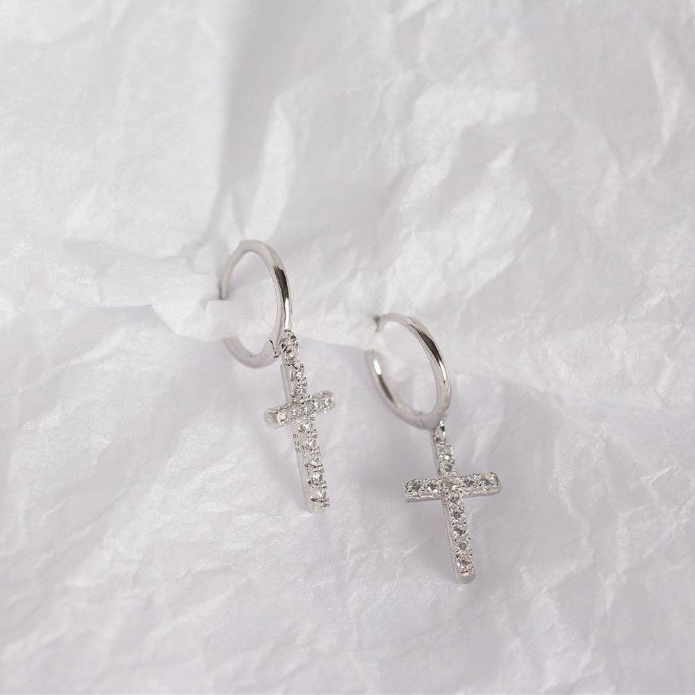 Cross Dangle Hoop - Silver