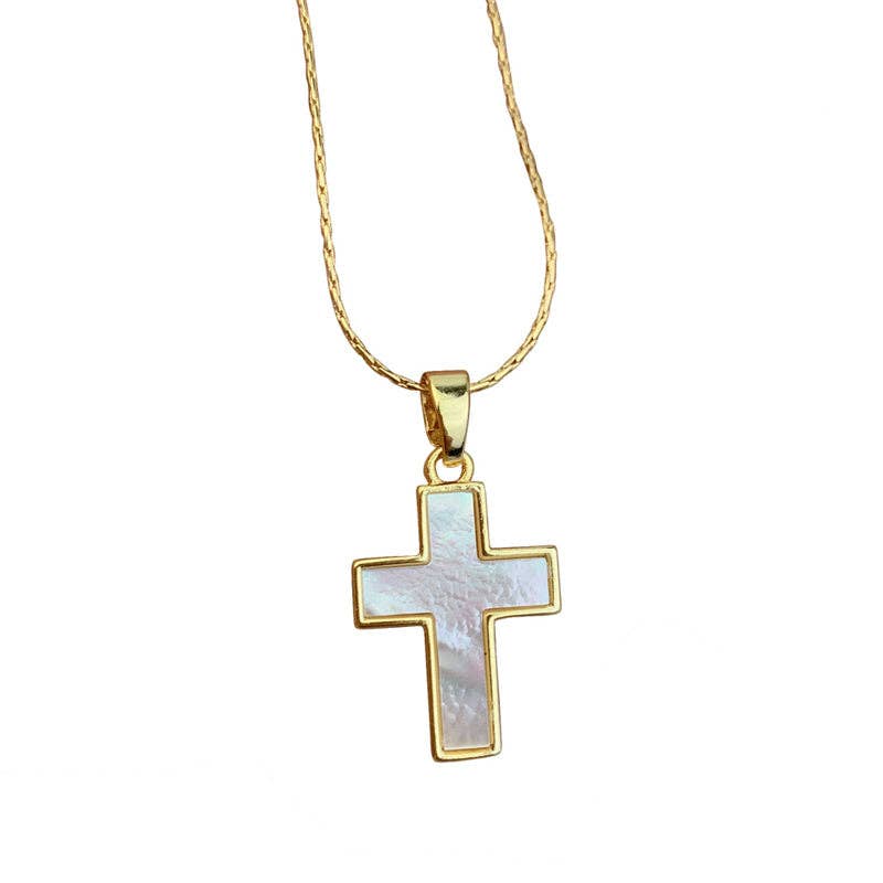 Gold Mother Of Pearl Cross Necklace