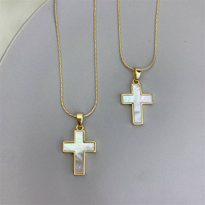 Gold Mother Of Pearl Cross Necklace