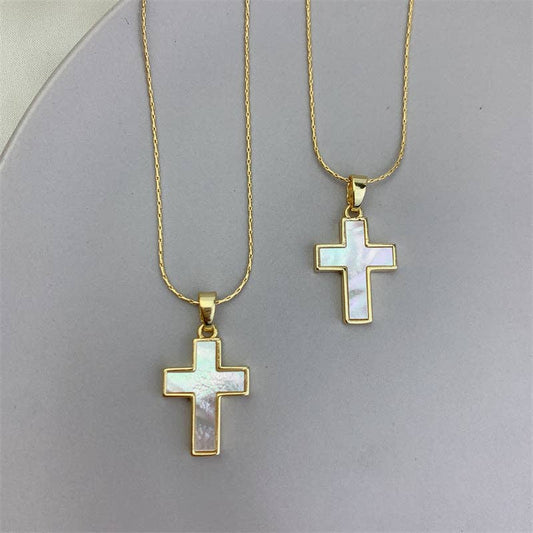 Gold Mother Of Pearl Cross Necklace